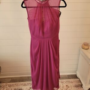Sleeveless Sheer-Yoke Midi Dress in Fuchsia